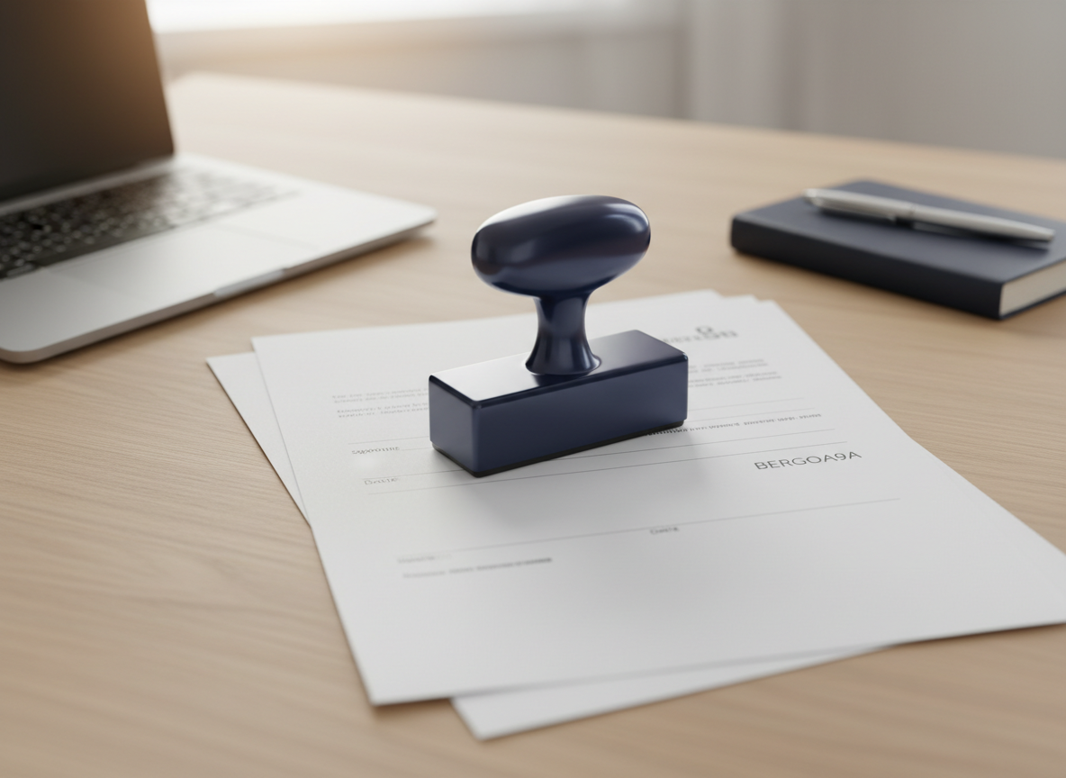 A sleek, navy-blue metal credit approval stamp resting on a stack of pristine white loan documents, each page neatly aligned with discreet BERGOA9A branding in the top corner. The papers sit on a clean, light oak desk beside a closed silver laptop and a minimalist dark-blue notebook. Soft daylight from a nearby window washes across the surface, creating subtle reflections on the stamp’s polished handle and gentle shadows from the paper edges. Shot at eye level with a shallow depth of field, the stamp and top document are in crisp focus while the background fades into a soft blur. The photographic realism and clean, modern composition evoke speed, trust, and professional financial decision-making without visual clutter.