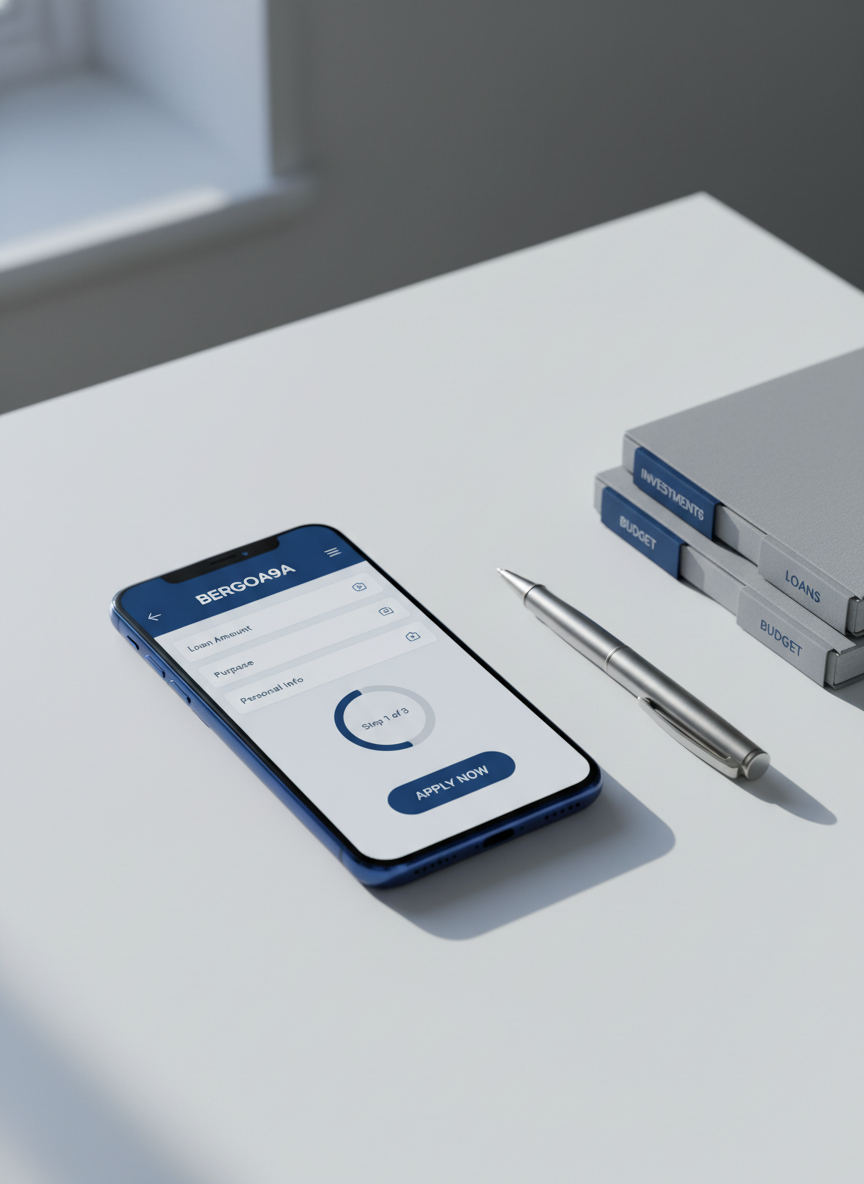 A close-up of a smartphone lying on a smooth, white desk, its screen displaying a clean, modern online loan application interface branded with BERGOA9A colors in deep blue and soft gray. Next to the phone, a slim silver pen and a neatly stacked pile of small, labeled folders suggest organized financial planning. Cool, diffused daylight from an unseen window illuminates the scene, creating gentle highlights on the phone’s glass and faint shadows beneath the objects. Captured from a slightly elevated angle, with the phone centered using the rule of thirds and the background softly blurred. The photographic style is crisp and professional, conveying ease, speed, and the convenience of secure online loan requests without any human presence.