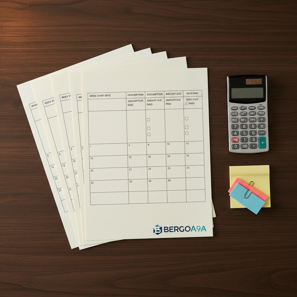 An elegant arrangement of neatly stacked weekly payment calendars printed on high-quality matte paper, each page displaying clear columns, checkboxes, and subtle BERGOA9A branding in blue and teal. The calendars rest on a dark walnut desk alongside a slim digital calculator and a tidy bundle of color-coded sticky notes, suggesting organized, flexible payment schedules. Warm, indirect office lighting from an overhead source casts soft, controlled shadows and a cozy glow across the wooden grain. Shot from directly above in a balanced, top-down composition with sharp focus throughout, the image feels precise yet approachable. The photographic realism, clean lines, and carefully arranged elements communicate structured, manageable weekly payments and transparent financial planning.